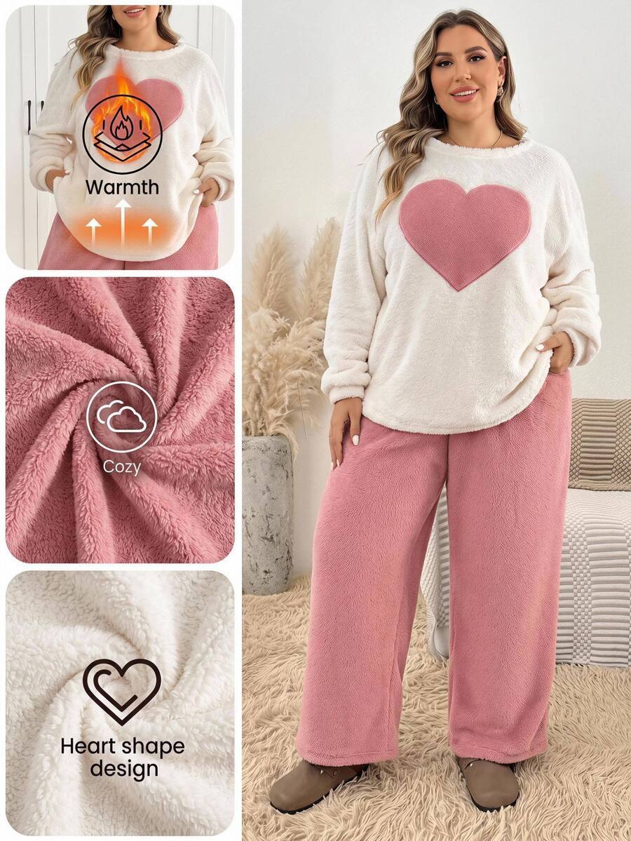 SHEIN CURVE+ Plus Size Women's Round Neck Fashion Loose Warm Pullover Sweater And Pants Set - Multicolor - View 1