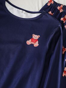 Teen Boys Pajamas Spring/Autumn Fashion Bear Print Flame-Retardant Knitted Fabric Long Sleeve Long Pants 2-Piece Set Loungewear - Navy Blue - View 8