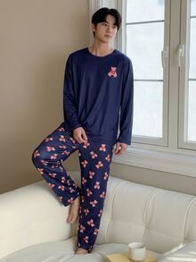 Teen Boys Pajamas Spring/Autumn Fashion Bear Print Flame-Retardant Knitted Fabric Long Sleeve Long Pants 2-Piece Set Loungewear - Navy Blue - View 1