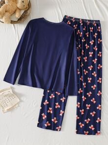 Teen Boys Pajamas Spring/Autumn Fashion Bear Print Flame-Retardant Knitted Fabric Long Sleeve Long Pants 2-Piece Set Loungewear - Navy Blue - View 4