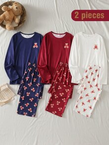 Teen Boys Pajamas Spring/Autumn Fashion Bear Print Flame-Retardant Knitted Fabric Long Sleeve Long Pants 2-Piece Set Loungewear - Navy Blue - View 2