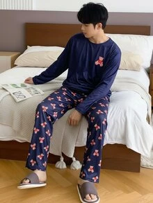 Teen Boys Pajamas Spring/Autumn Fashion Bear Print Flame-Retardant Knitted Fabric Long Sleeve Long Pants 2-Piece Set Loungewear - Navy Blue - View 3