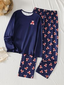 Teen Boys Pajamas Spring/Autumn Fashion Bear Print Flame-Retardant Knitted Fabric Long Sleeve Long Pants 2-Piece Set Loungewear - Navy Blue - View 5