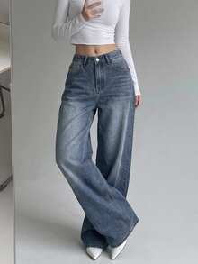 DAZY Women's Wide Leg Loose Casual Versatile Denim Jeans With Pockets - Blue - View 3