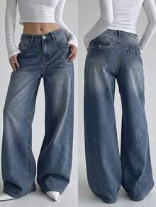 DAZY Women's Wide Leg Loose Casual Versatile Denim Jeans With Pockets - Blue - View 1