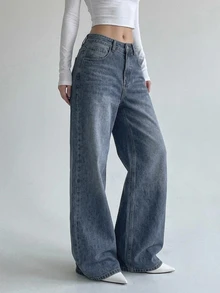 DAZY Women's Wide Leg Loose Casual Versatile Denim Jeans With Pockets - Blue - View 4