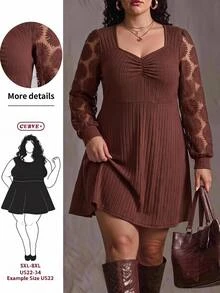 SHEIN CURVE+ US22 Size Plus Size Women's Heart Neck Long Sleeve Ruched Ribbed Casual Dress 5XL Autumn Dress Fall - Brown - View 1