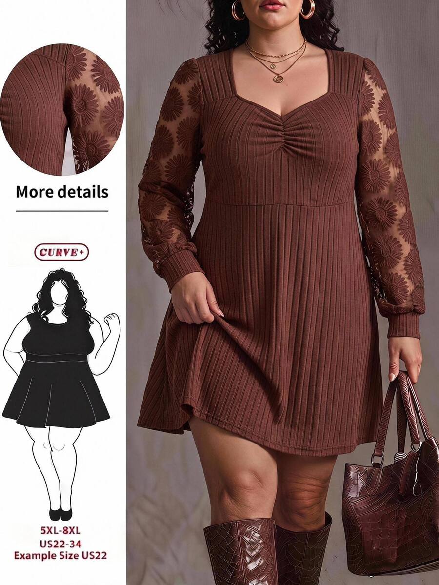 SHEIN CURVE+ US22 Size Plus Size Women's Heart Neck Long Sleeve Ruched Ribbed Casual Dress 5XL Autumn Dress Fall - Brown - View 1