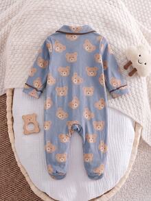 SHEIN Kids Newborn Cute Boy Girl Knitted Cartoon Bear Pattern Loungewear - Blue - View 2