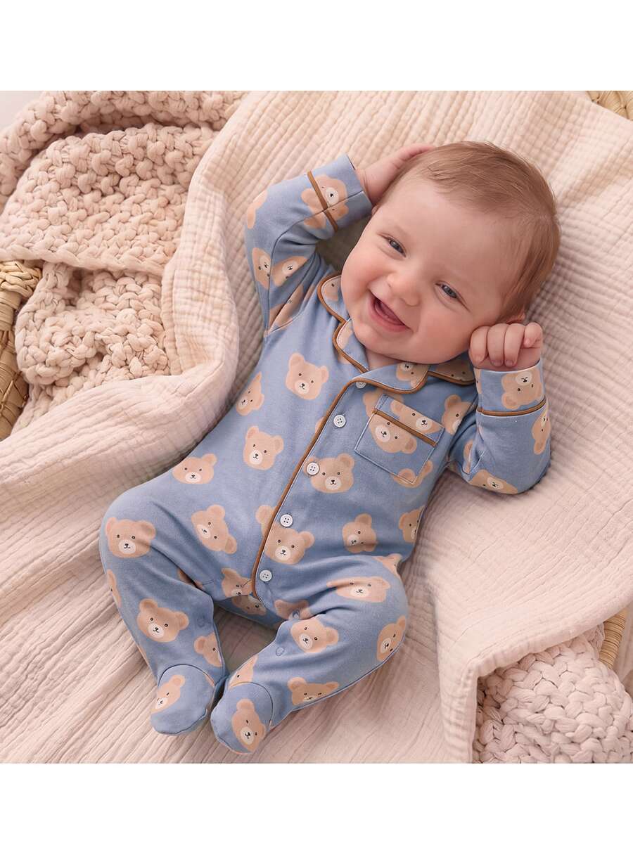 SHEIN Kids Newborn Cute Boy Girl Knitted Cartoon Bear Pattern Loungewear - Blue - View 1