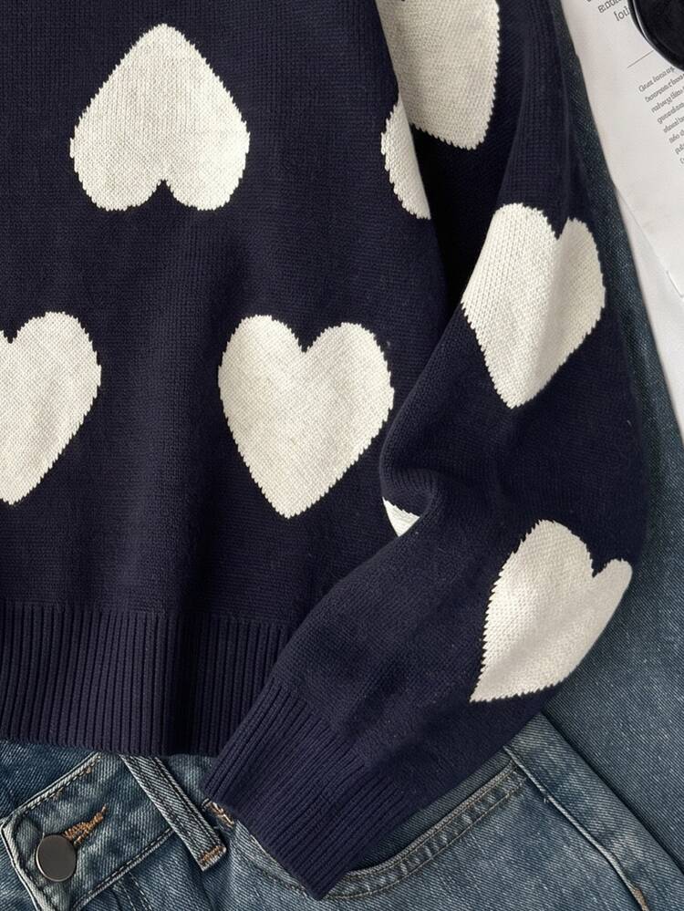 SHEIN Girls' Autumn/Winter Fashion Simple Casual Heart Pattern Jacquard Knit Sweater Long Sleeve Shirt - Navy Blue - View 4