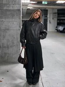 SHEIN ICON Setelan 2 Potong Rok Lipit dan Celana Pendek Kasual Warna Polos untuk Wanita - Hitam - View 1
