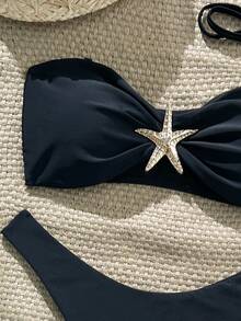 SHEIN Swim Women's Plain Color Skinny Strap Starfish Metal Decor Sexy Bikini Set, Summer - Black - View 5