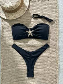 SHEIN Swim Women's Plain Color Skinny Strap Starfish Metal Decor Sexy Bikini Set, Summer - Black - View 3