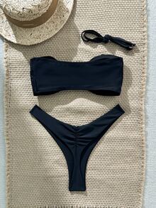 SHEIN Swim Women's Plain Color Skinny Strap Starfish Metal Decor Sexy Bikini Set, Summer - Black - View 2