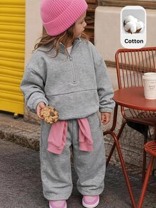 SHEIN Baby Girl Baby Girl Mid-High Neck Zipper Pullover Sweatshirt Set, All-Match Versatile, Casual Fashion - Multicolor - View 2