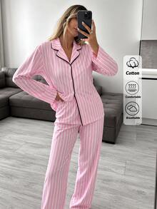 SHEIN Classic Button Front Pink And White Striped Pajama Set – Soft Long Sleeve Top Comfy Straight Leg Pants Lou Sleep Autumn Simple Casual - Pink - View 8