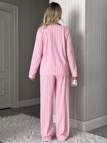 SHEIN Classic Button Front Pink And White Striped Pajama Set – Soft Long Sleeve Top Comfy Straight Leg Pants Lou Sleep Autumn Simple Casual - Pink - View 2