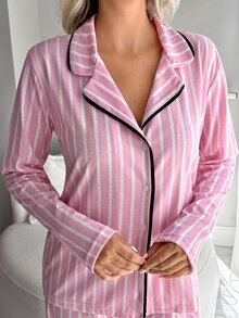 SHEIN Classic Button Front Pink And White Striped Pajama Set – Soft Long Sleeve Top Comfy Straight Leg Pants Lou Sleep Autumn Simple Casual - Pink - View 5