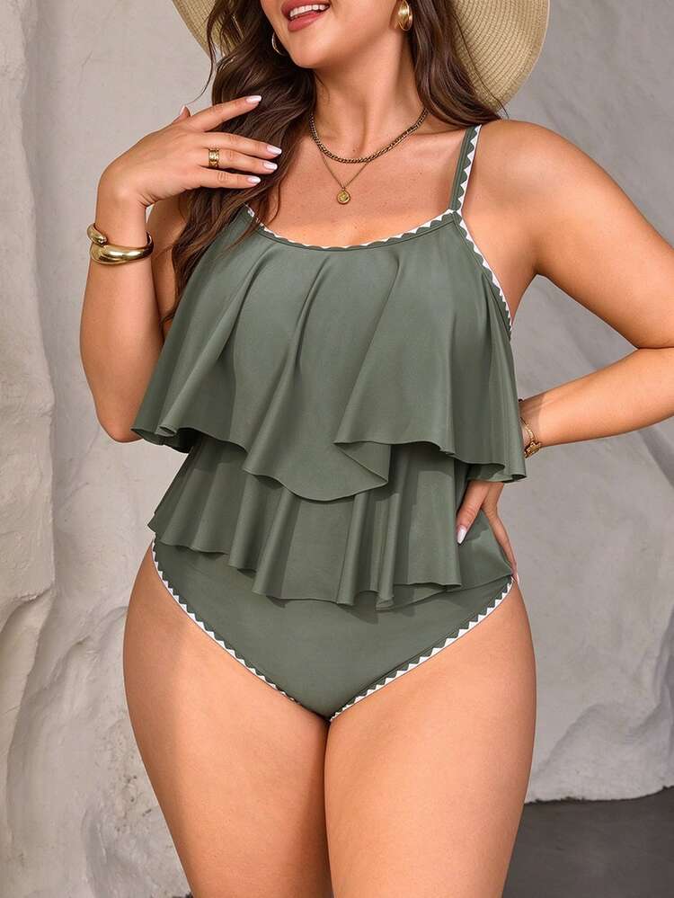 SHEIN Swim Curve 2pcs Plus Size Women Green Spaghetti Strap Double-Layered Ruffle Edge Crop Top & High Waist Ruffle Shorts Beach Vacation Set, Summer - Green - View 6