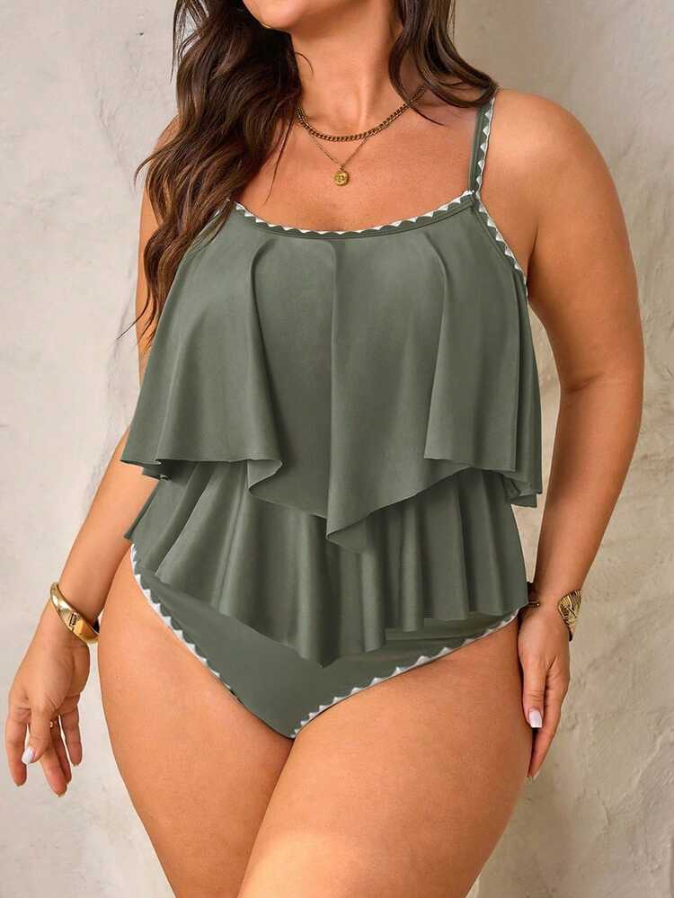 SHEIN Swim Curve 2pcs Plus Size Women Green Spaghetti Strap Double-Layered Ruffle Edge Crop Top & High Waist Ruffle Shorts Beach Vacation Set, Summer - Green - View 5