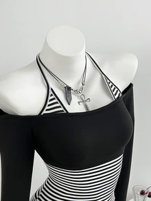 Elamini Fall Halterneck Patched Contrasting Color 2 In 1 Y2K Streetwear Subculture Festival Ladies' Top T-Shirt Club Going Out Black And White Striped - Black and White - View 4