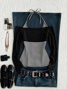 Elamini Fall Halterneck Patched Contrasting Color 2 In 1 Y2K Streetwear Subculture Festival Ladies' Top T-Shirt Club Going Out Black And White Striped - Black and White - View 7