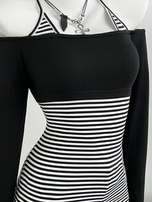 Elamini Fall Halterneck Patched Contrasting Color 2 In 1 Y2K Streetwear Subculture Festival Ladies' Top T-Shirt Club Going Out Black And White Striped - Black and White - View 5