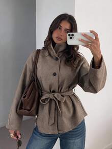 Siren Gaze Women's Houndstooth Drop Shoulder Long Sleeve Single-Breasted Trench Coat - Brown - View 3
