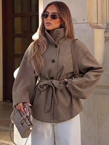 Siren Gaze Women's Houndstooth Drop Shoulder Long Sleeve Single-Breasted Trench Coat - Brown - View 7