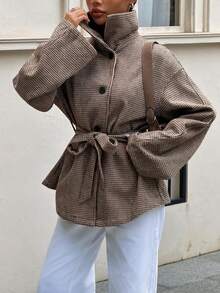 Siren Gaze Women's Houndstooth Drop Shoulder Long Sleeve Single-Breasted Trench Coat - Brown - View 4