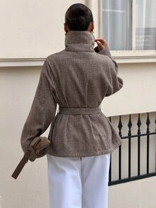 Siren Gaze Women's Houndstooth Drop Shoulder Long Sleeve Single-Breasted Trench Coat - Brown - View 6