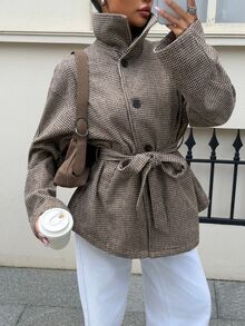 Siren Gaze Women's Houndstooth Drop Shoulder Long Sleeve Single-Breasted Trench Coat - Brown - View 5