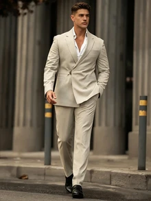 Calvornis Men's Business Casual Solid Light Khaki Suit Jacket And Pants Set, Best Choice For Holiday Gift - Khaki - View 5