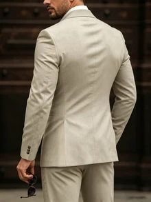 Calvornis Men's Business Casual Solid Light Khaki Suit Jacket And Pants Set, Best Choice For Holiday Gift - Khaki - View 2