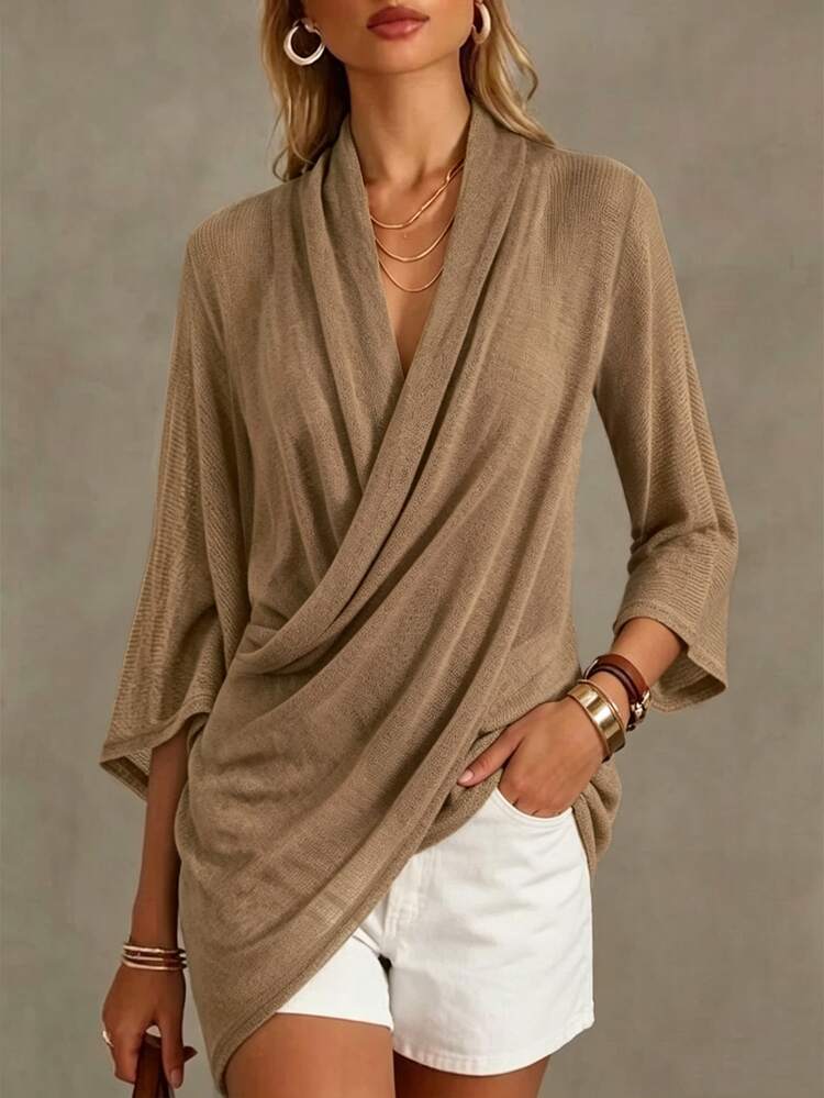 SHEIN Women's Summer Cross Neck 3/4 Sleeve Pleated Casual Top - Mocha Brown - View 2