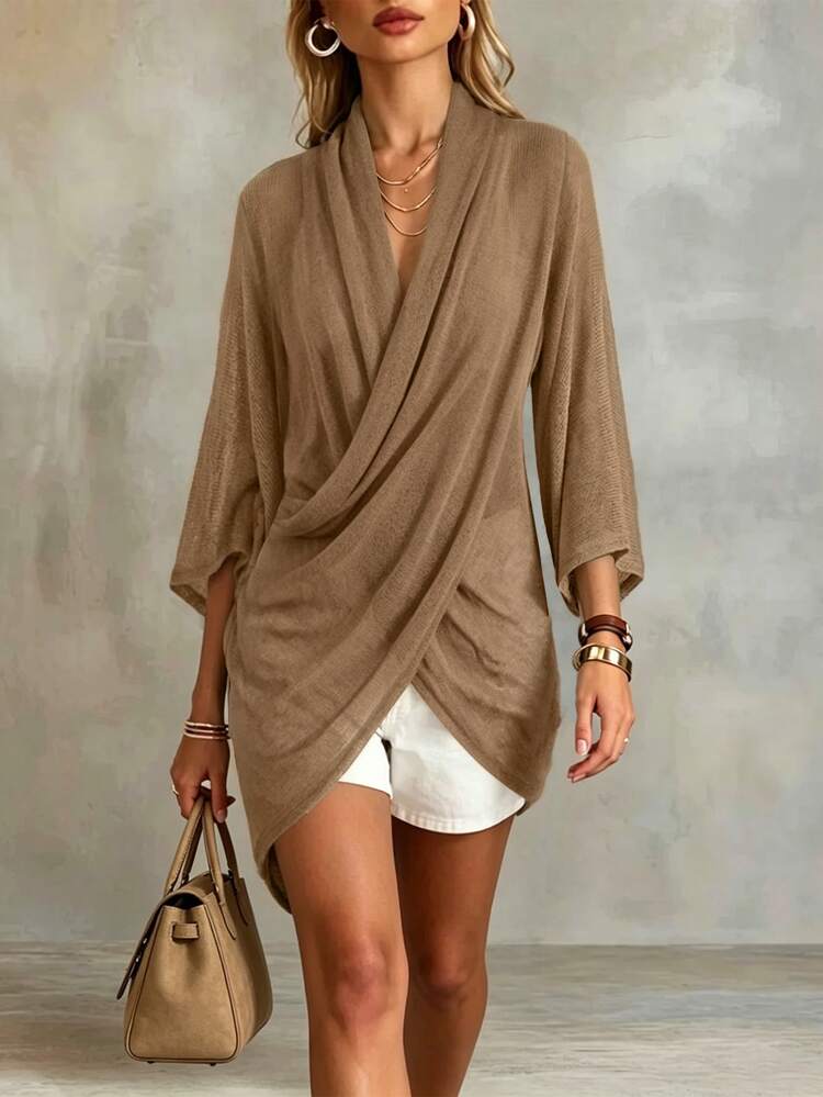 SHEIN Women's Summer Cross Neck 3/4 Sleeve Pleated Casual Top - Mocha Brown - View 5