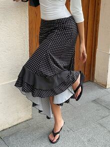 Siren Gaze Women's Fashion Black Polka Dot Asymmetrical Ruffled Skirt For Fall/Winter, Perfect For Evening Events Concert Country Western Thanksgiving Party - Black - View 4