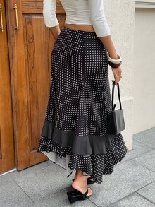 Siren Gaze Women's Fashion Black Polka Dot Asymmetrical Ruffled Skirt For Fall/Winter, Perfect For Evening Events Concert Country Western Thanksgiving Party - Black - View 3