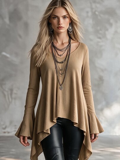 SHEIN ملابس علوية نسائية عتيقة باللون الكاكي بياقة V صغيرة وأكمام طويلة، تصميم ذو حافة غير متماثلة فضفاضة ومنسوجة، ملابس علوية طويلة الأكمام أنيقة وتبرز القوام