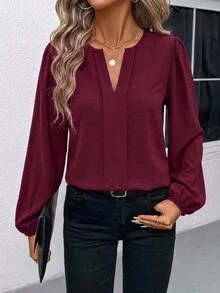 SHEIN LUNE Women's Solid Color Notched Collar Petal Sleeve Long Sleeve Blouse - Burgundy - View 3