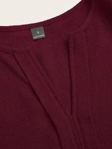 SHEIN LUNE Women's Solid Color Notched Collar Petal Sleeve Long Sleeve Blouse - Burgundy - View 7