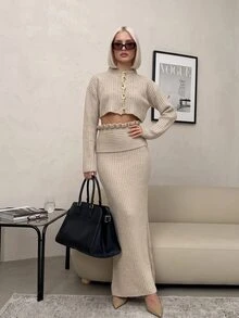 CLARA VERO مجموعة كارديجان بأزرار قصيرة وتنورة حورية البحر، ملابس علوية فضفاض، مناسب للغداء أو التسوق، محبوك مضلع - بيج - مشاهدة 8
