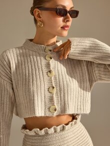CLARA VERO مجموعة كارديجان بأزرار قصيرة وتنورة حورية البحر، ملابس علوية فضفاض، مناسب للغداء أو التسوق، محبوك مضلع - بيج - مشاهدة 5