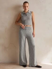 CLARA VERO Foldover Waist Flare Knit Pants, Mid Rise, Street Or Home, Flared Leg, Folded Waistband, Full Length - Grey - View 7