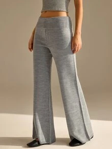 CLARA VERO Foldover Waist Flare Knit Pants, Mid Rise, Street Or Home, Flared Leg, Folded Waistband, Full Length - Grey - View 4