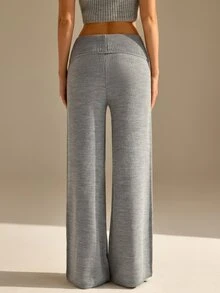 CLARA VERO Foldover Waist Flare Knit Pants, Mid Rise, Street Or Home, Flared Leg, Folded Waistband, Full Length - Grey - View 2