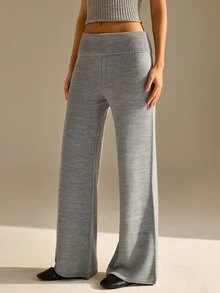CLARA VERO Foldover Waist Flare Knit Pants, Mid Rise, Street Or Home, Flared Leg, Folded Waistband, Full Length - Grey - View 3