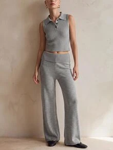 CLARA VERO Foldover Waist Flare Knit Pants, Mid Rise, Street Or Home, Flared Leg, Folded Waistband, Full Length - Grey - View 1