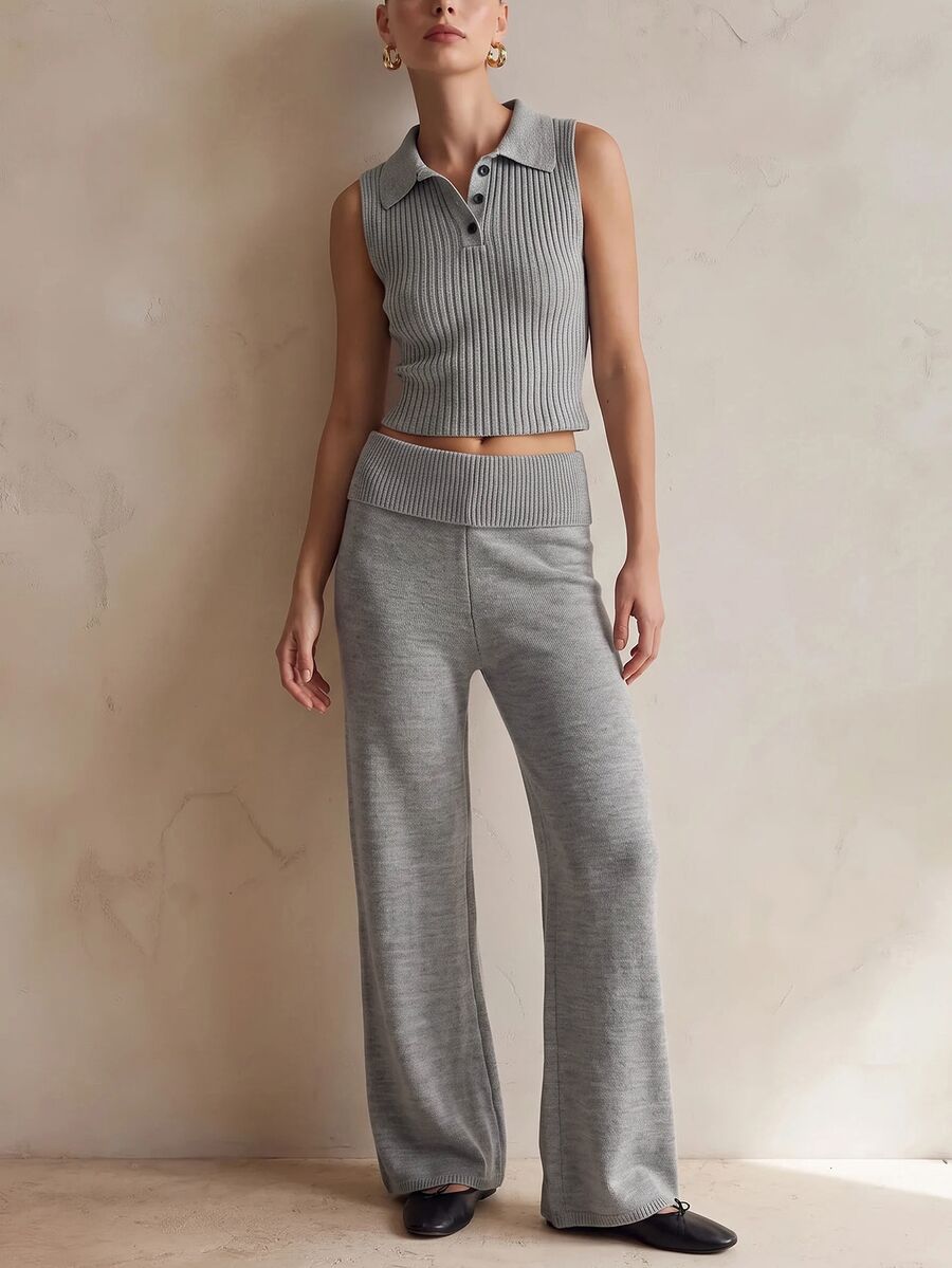 CLARA VERO Foldover Waist Flare Knit Pants, Mid Rise, Street Or Home, Flared Leg, Folded Waistband, Full Length - Grey - View 1
